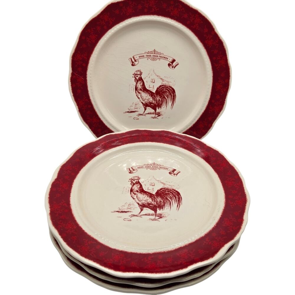 Country Living Rooster Salad Plates Set of 4 Red Farmhouse 9.5" Heavy Cottage